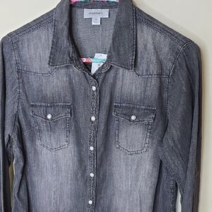 Dressbarn Distressed Black Denim Pearl Snap Button Down NWT Western Rodeo